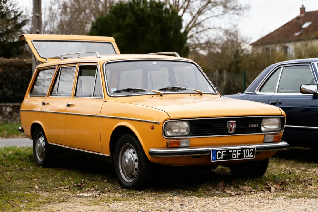 Voiture ancienne jaune Fiat 128 Estate stationnée sur l'herbe avec coffre ouvert