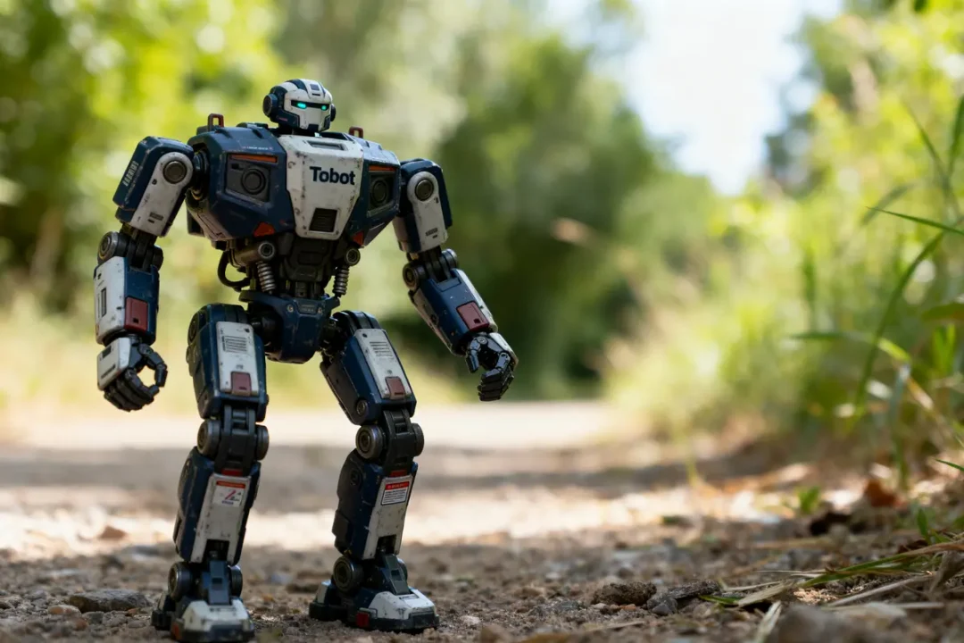 Figurine Tobot en plein air sur chemin terreux avec arrière-plan flou et verdoyant