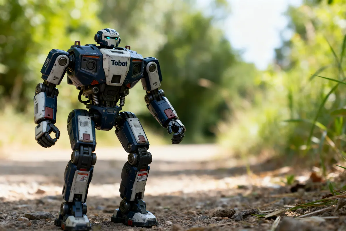 Figurine Tobot en plein air sur chemin terreux avec arrière-plan flou et verdoyant