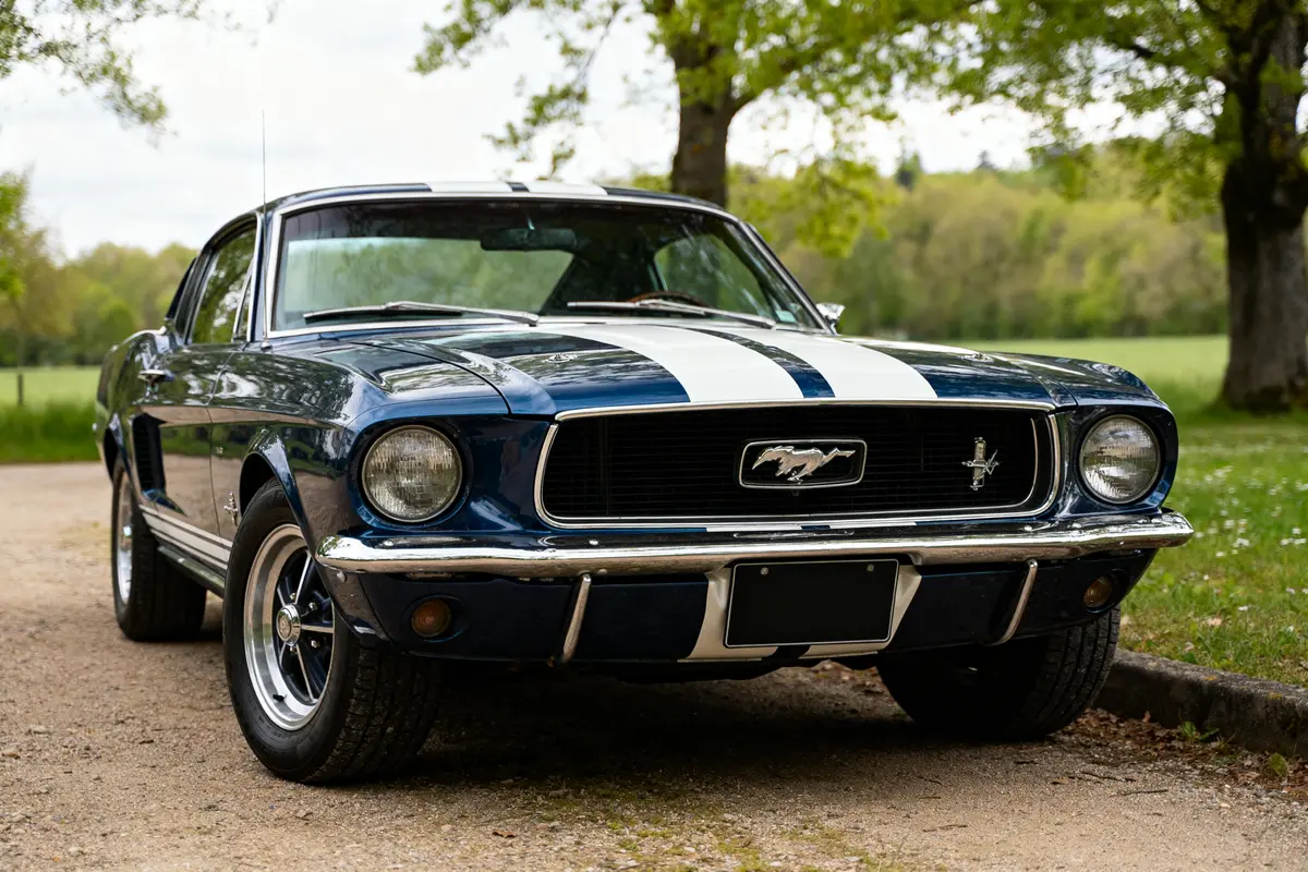 Voiture classique bleue Ford Shelby de 1967 garée dans un parc verdoyant