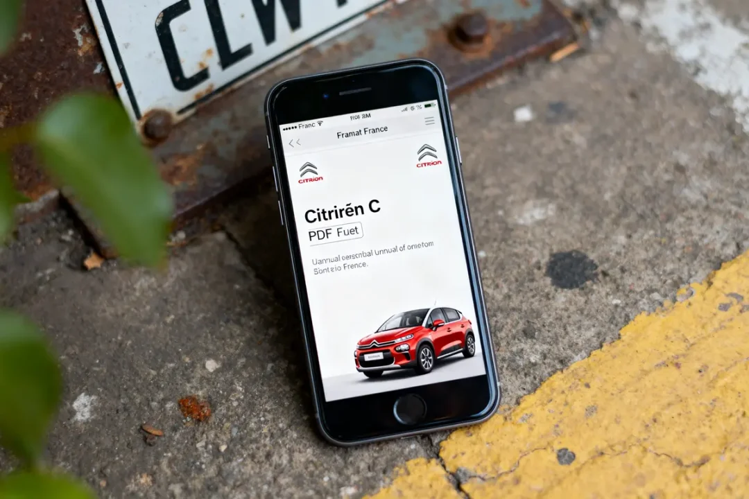 Smartphone affichant la page du manuel gratuit Citroën C3 en PDF sur écran.
