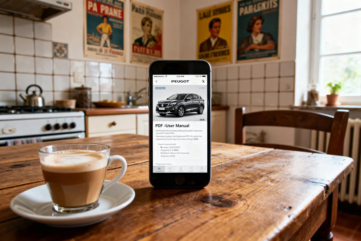Smartphone sur table affichant un manuel d'utilisation PDF de la Peugeot 3008.
