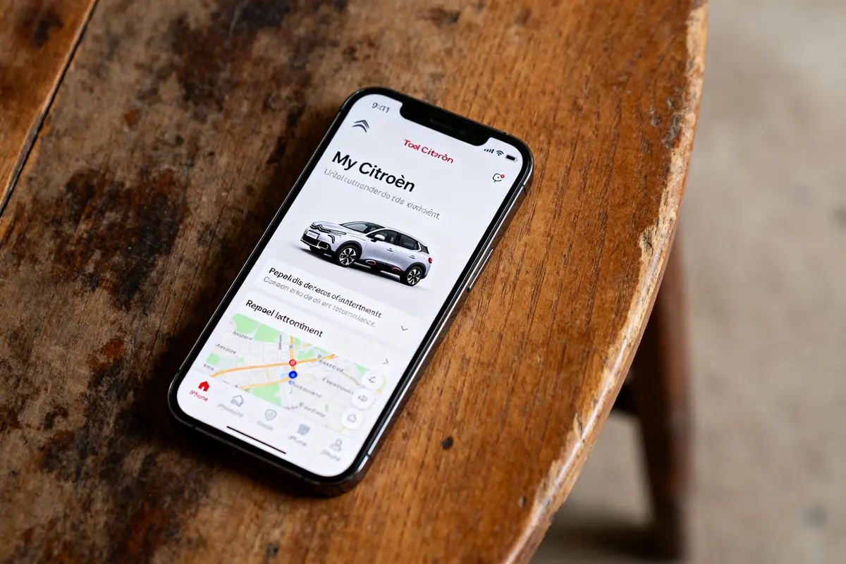Smartphone affichant l'application My Citroën pour mise à jour des services connectés de voiture