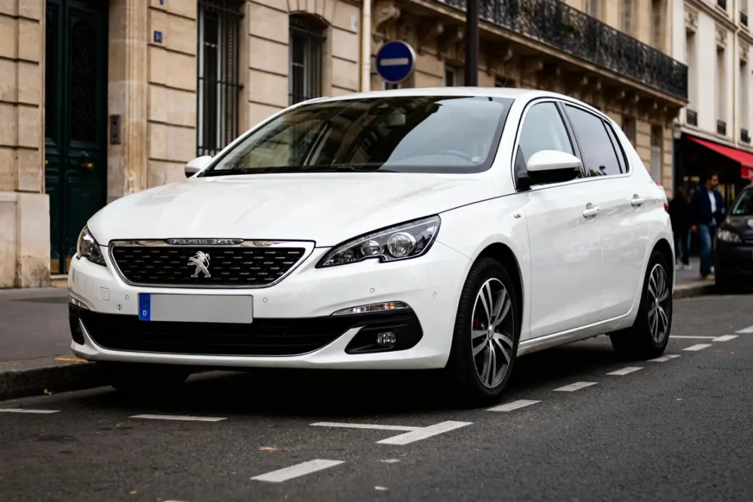 Voiture Peugeot 308 blanche garée en ville sur fond de bâtiment haussmannien