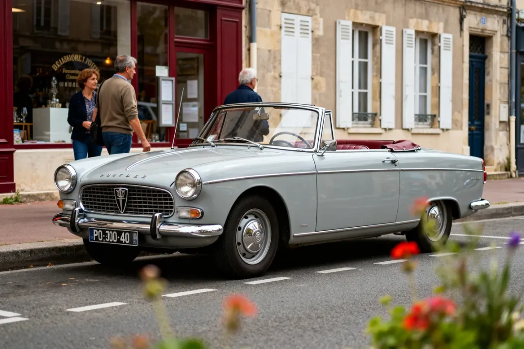 Voiture Peugeot 403 convertible grise garée devant des passants et un magasin en ville