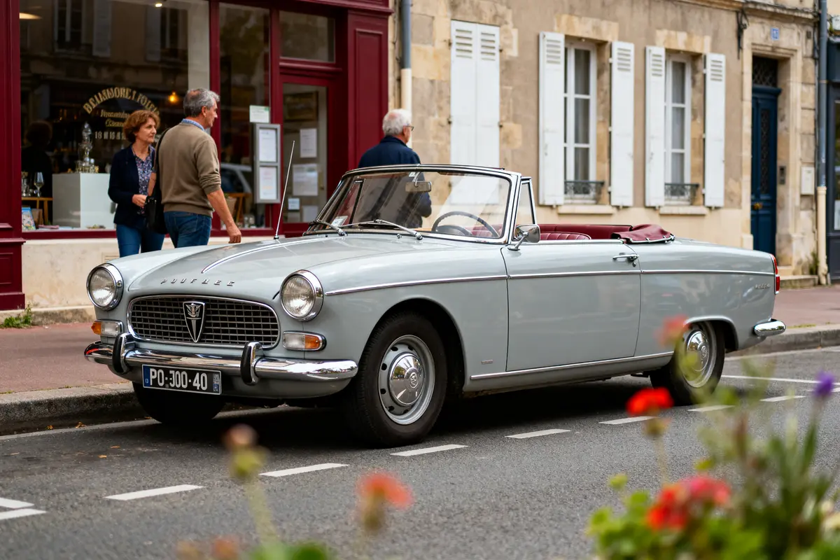 Voiture Peugeot 403 convertible grise garée devant des passants et un magasin en ville