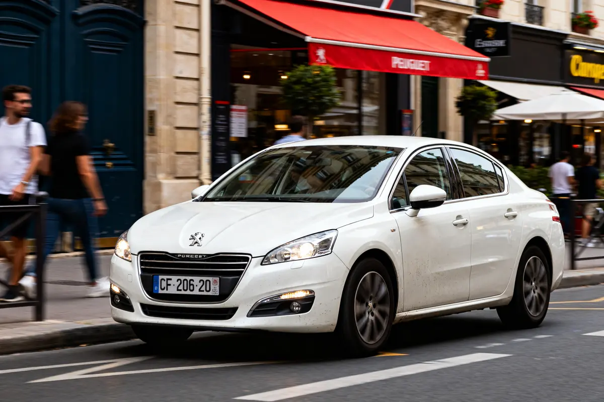Peugeot blanche en mouvement dans une rue avec passants et magasins en arrière-plan