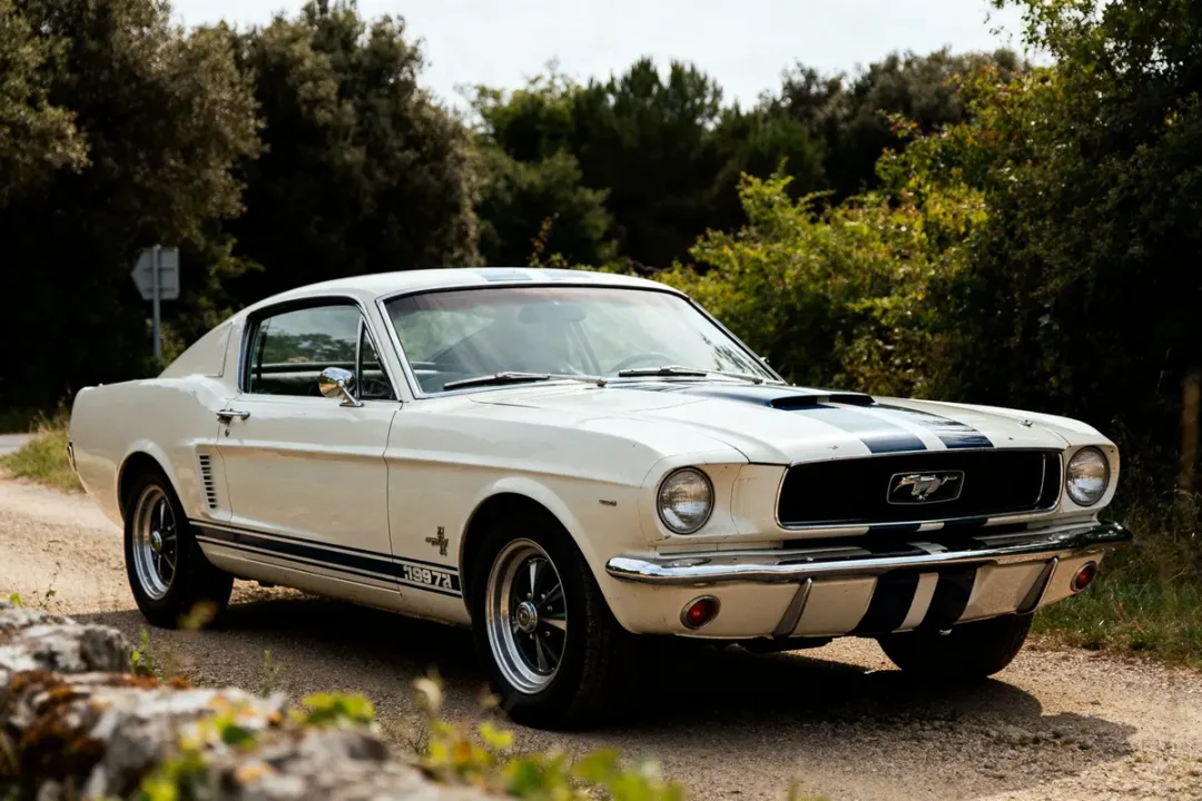 Voiture classique blanche sur route de campagne, Shelby GT de 1967 en lumière naturelle