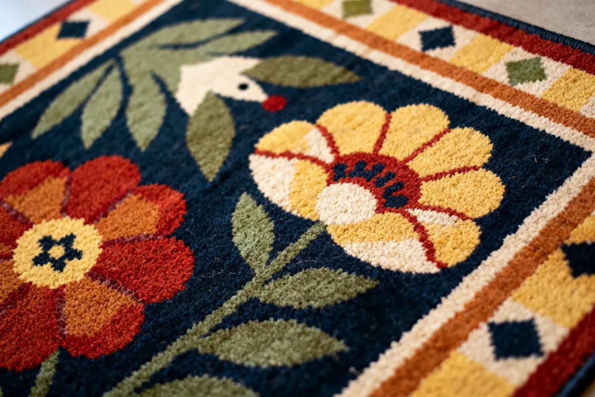Fleurs colorées sur tapisserie des années 70 avec motifs géométriques et feuilles vertes