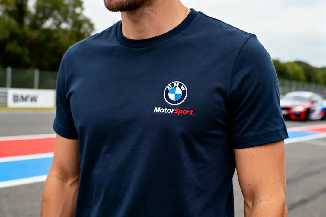 Personne portant un tee shirt de BMW Motorsport bleu sur un circuit de course automobile