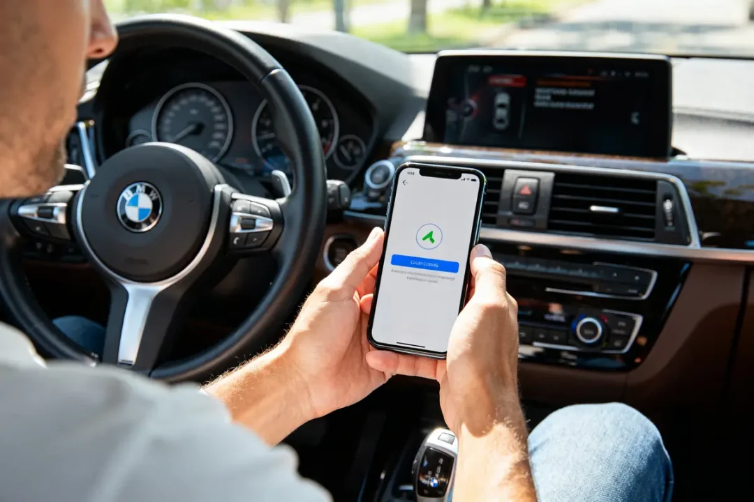 Conducteur utilisant son smartphone pour télécharger gratuitement la mise à jour GPS BMW en voiture