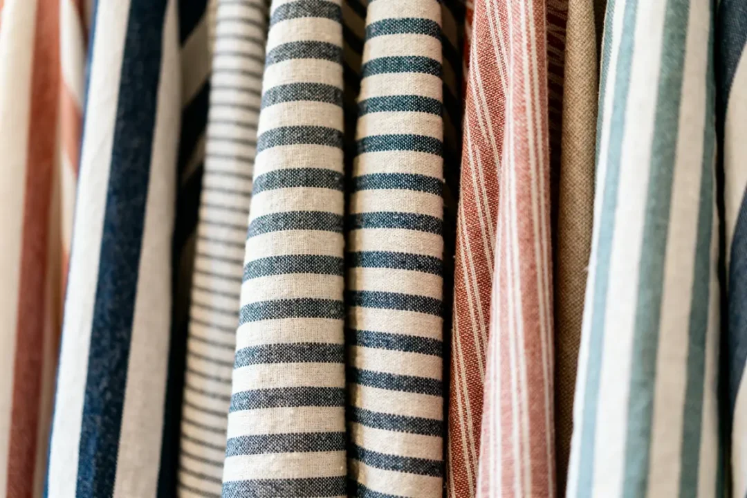Tissus rayés multicolores suspendus, mettant en avant le tissu ligné élégant